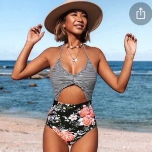 NWT Cupshe Floral and Striped Halter One Piece Swimsuit